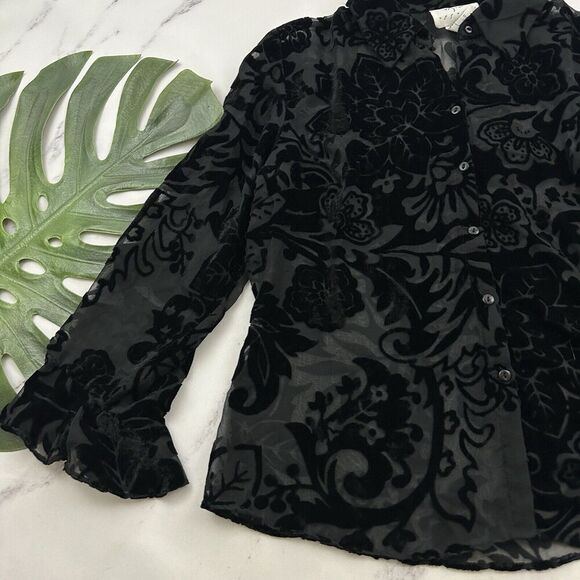 Vision Womens Vintage Y2k Velvet Floral Blouse Top Size L Black Sheer Ruffle - Picture 4 of 11